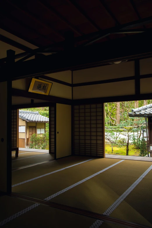 a room that has a lot of windows in it, inspired by Kanō Shōsenin, unsplash, shin hanga, square, garden, traditional, wide angle”