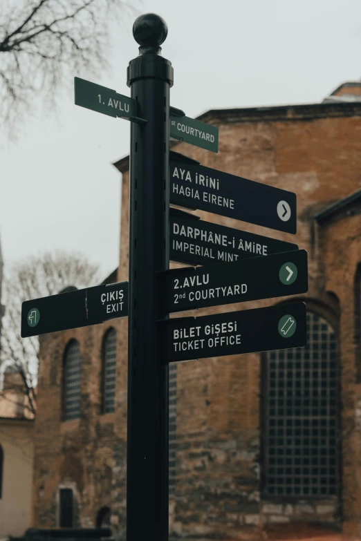 a pole with a bunch of street signs on it, a poster, by Adam Marczyński, trending on pexels, istanbul, located in a castle, directions, square