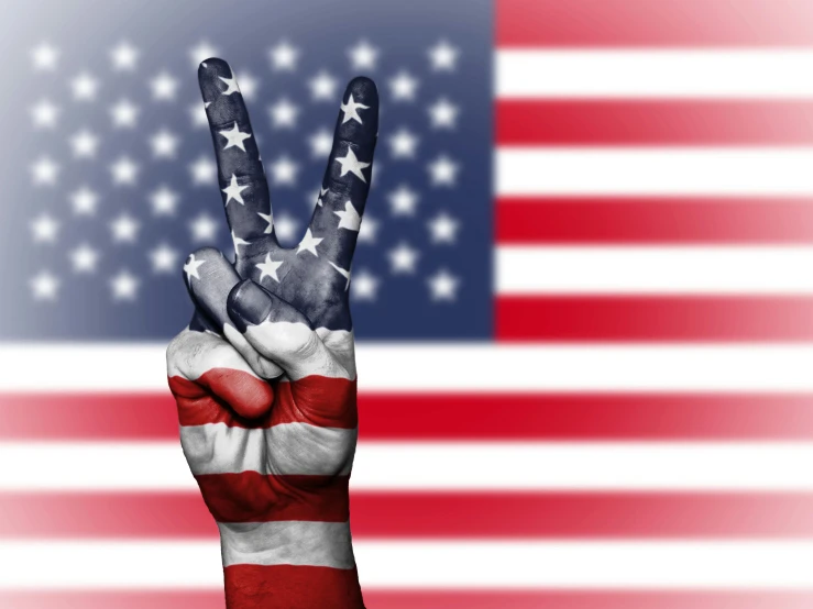 a hand with a peace sign painted on it, pixabay, american realism, american flags, background image, two arms, 🚿🗝📝