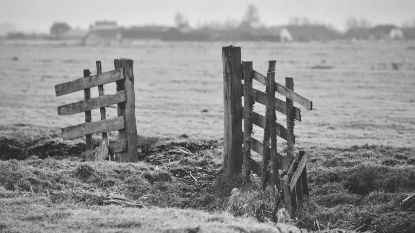 a black and white photo of a fence in a field, pexels, land art, background image, cold winter, wooden structures, grazing