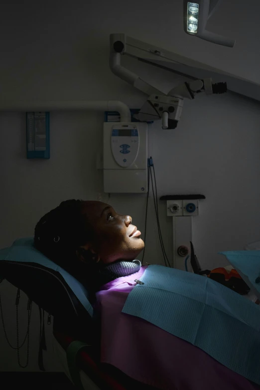 a woman laying in a hospital bed in the dark, a portrait, by Dan Frazier, happening, dentist, kano), on a advanced lab, sun overhead