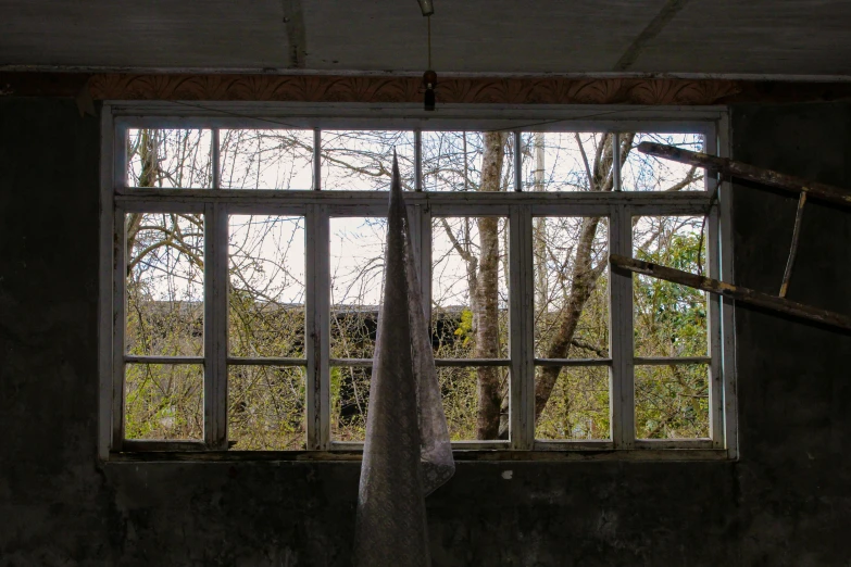 a hammock hanging from a window in an abandoned building, a portrait, unsplash, visual art, roofed forest, cloth and metal, distant photo, grey