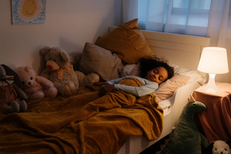 a little girl laying in a bed with stuffed animals, a cartoon, pexels contest winner, hurufiyya, moody evening light, night time footage, slide show, ad image