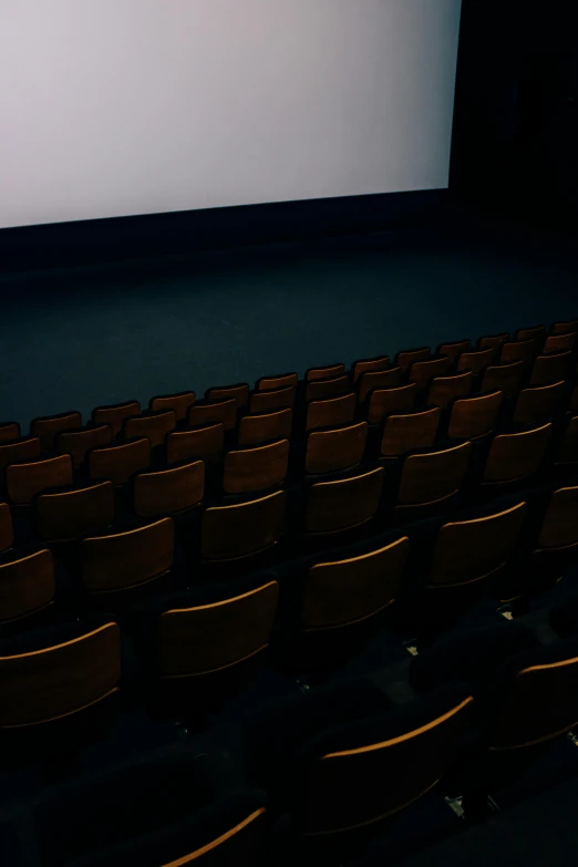 an empty theater with rows of seats and a projector screen, by Alexander Mann, video art, [ theatrical ], 8k cinematic shot, hyperrealistic movie filmstill, alessio albi