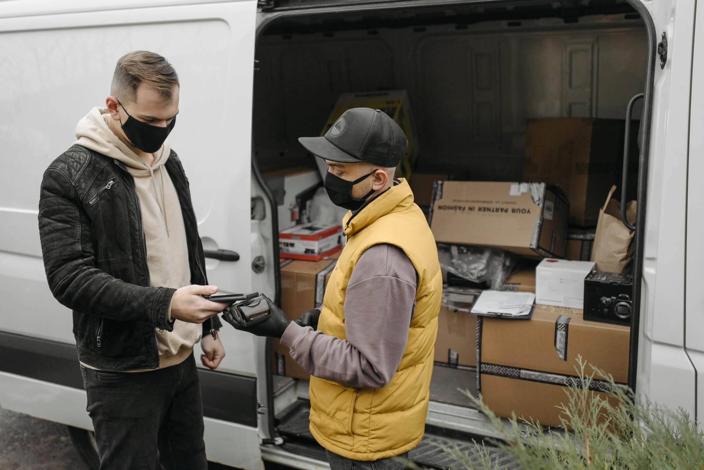 a couple of men standing next to a van, scanning items with smartphone, finely masked, profile image, jovana rikalo