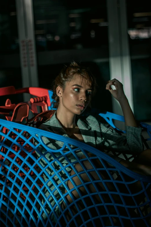 a woman is sitting in a shopping cart, a portrait, pexels contest winner, imogen poots d&d paladin, trapped in the backrooms, aleksander rostov, rings asuka iwakura station game