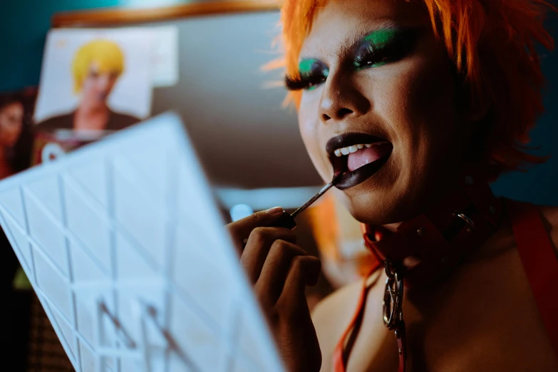 a woman with bright orange hair is brushing her teeth, an album cover, unsplash, visual art, ru paul\'s drag race, unreal engine : : rave makeup, tony taka, eating