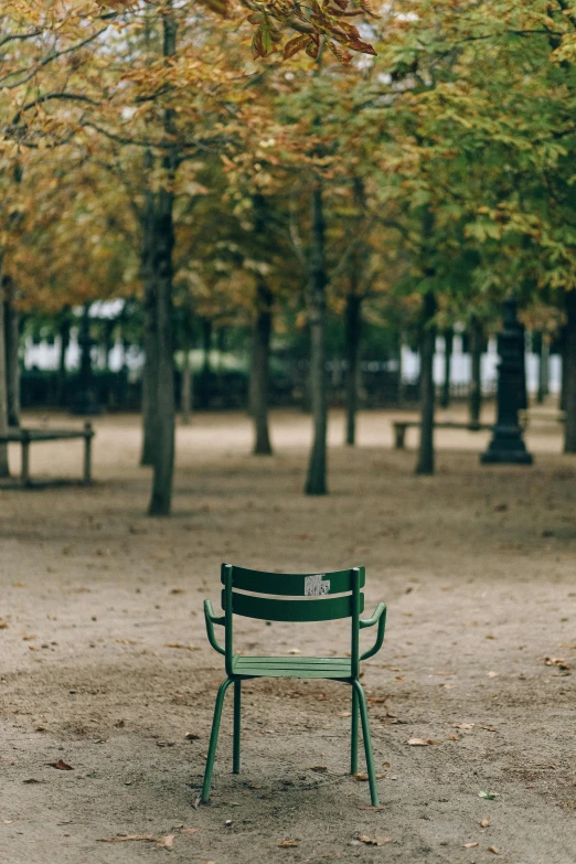 a green chair sitting in the middle of a park, by Daniel Gelon, trending on unsplash, visual art, portrait of paris, october, hes alone, 15081959 21121991 01012000 4k