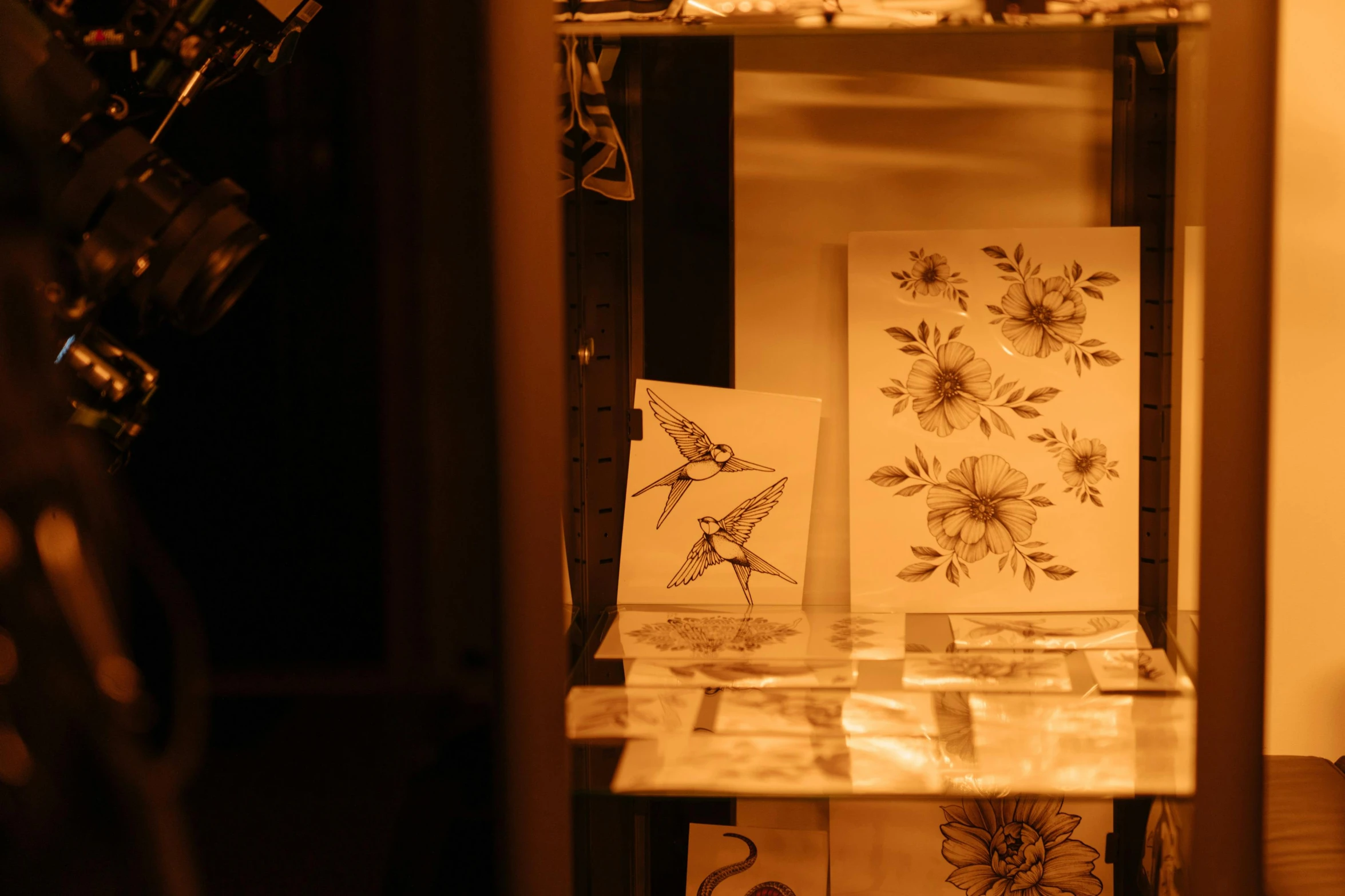 a shelf that has some pictures on it, an etching, by Daniel Lieske, trending on unsplash, glowing flowers, tattoo sketches, lights inside, made of glowing wax and ceramic