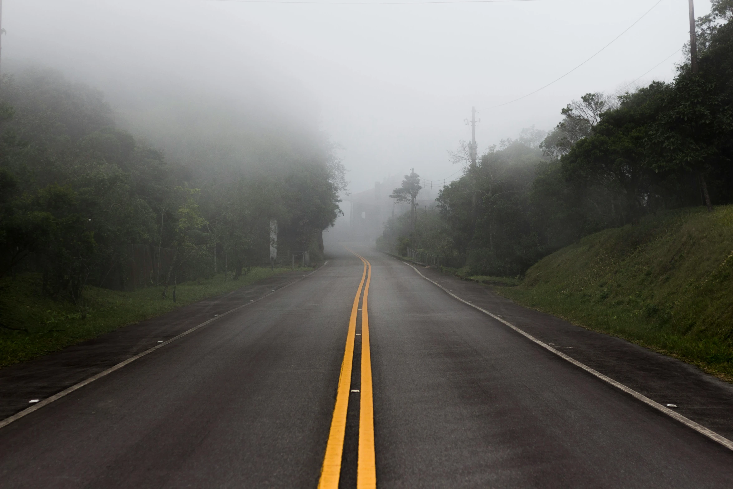 an empty road on a foggy day, by Andrew Domachowski, pexels contest winner, realism, puerto rico, corduroy road, eerie color, grey