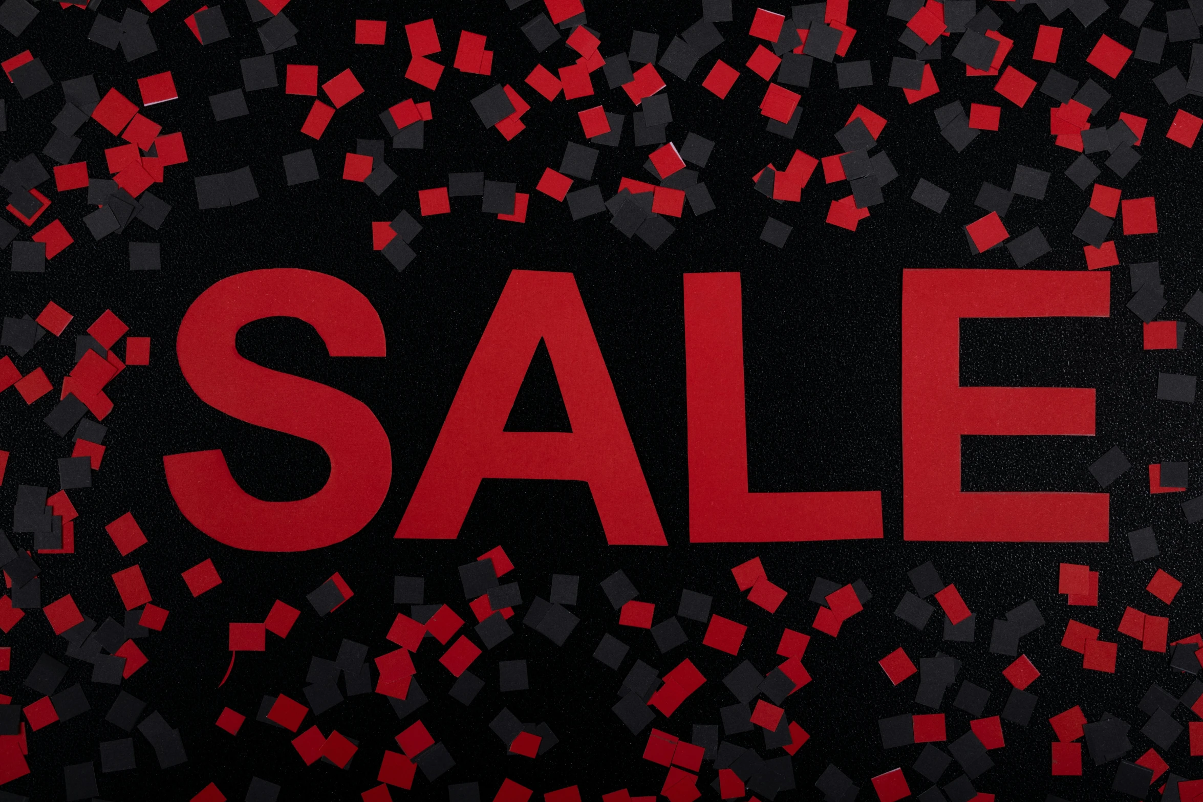 a sale sign surrounded by red and black squares, by Julia Pishtar, confetti, black and red silk clothing, very grainy, thumbnail