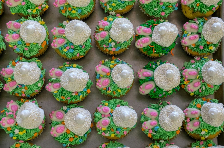 a tray filled with cupcakes covered in frosting, inspired by Beatrix Potter, pexels, process art, bunny leg, thumbnail, grass, 3 4 5 3 1