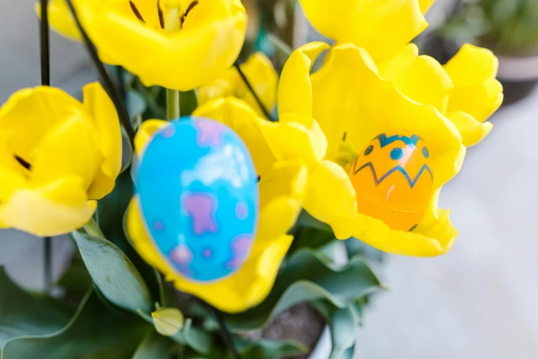 a vase filled with yellow tulips and painted eggs, pexels contest winner, blue, avatar image, close - up photo, thumbnail