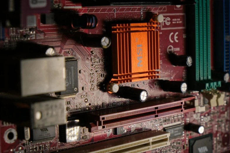 a close up of a computer mother board, a computer rendering, by Jason Felix, pexels, renaissance, rust, #screenshotsaturday, gaming pc case, built on a small