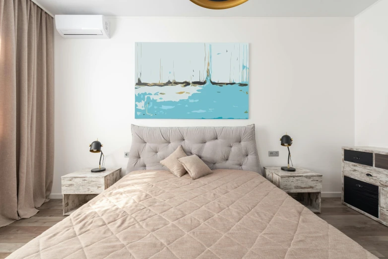 a bed room with a neatly made bed and a painting on the wall, a minimalist painting, inspired by Francesco Guardi, pexels contest winner, analytical art, sailboats soaring in the wind, turquoise gold details, canvas art print, silver and cool colors