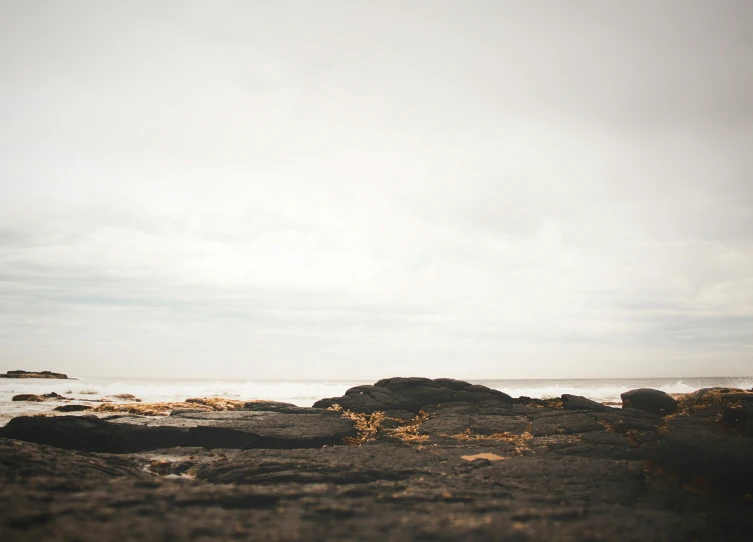 a man riding a surfboard on top of a sandy beach, a picture, by Jessie Algie, unsplash, minimalism, rocky shore, looking at the ground, “ iron bark, overcast