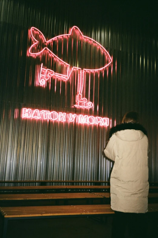 a person standing in front of a neon sign, a cartoon, inspired by Nan Goldin, pexels, graffiti, meat factory, heron preston, private moment, dragon invasion of moscow