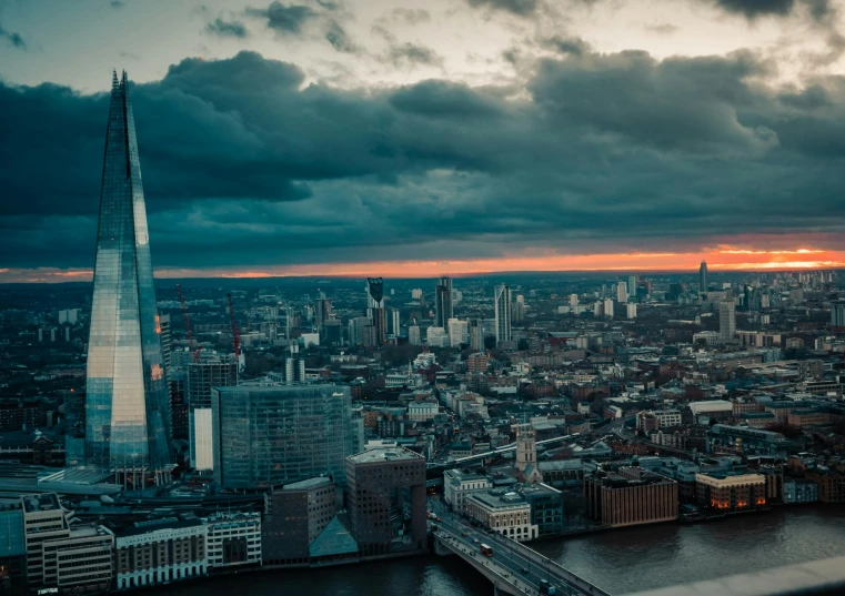 the view of london from the shard of the shard of the shard of the shard of the shard of the shard, an album cover, by Jay Hambidge, pexels contest winner, modernism, sunset with cloudy skies, thumbnail, slide show, urban skyline