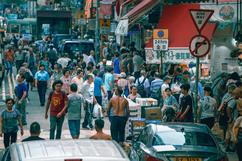 a crowded city street filled with lots of people, pexels, hyperrealism, hong kong, 90's photo, square, a quaint