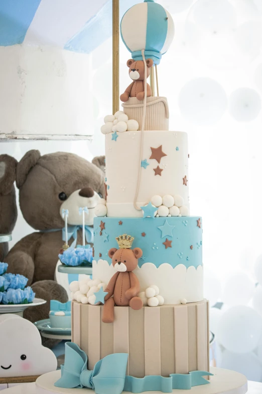 a three tiered cake sitting on top of a table, in the sky, for kids, bears, subtle detailing