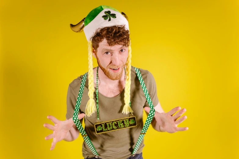 a man wearing a st patrick's day hat, inspired by Dicky Doyle, renaissance, press shot, avatar image, lachlan bailey, comedy