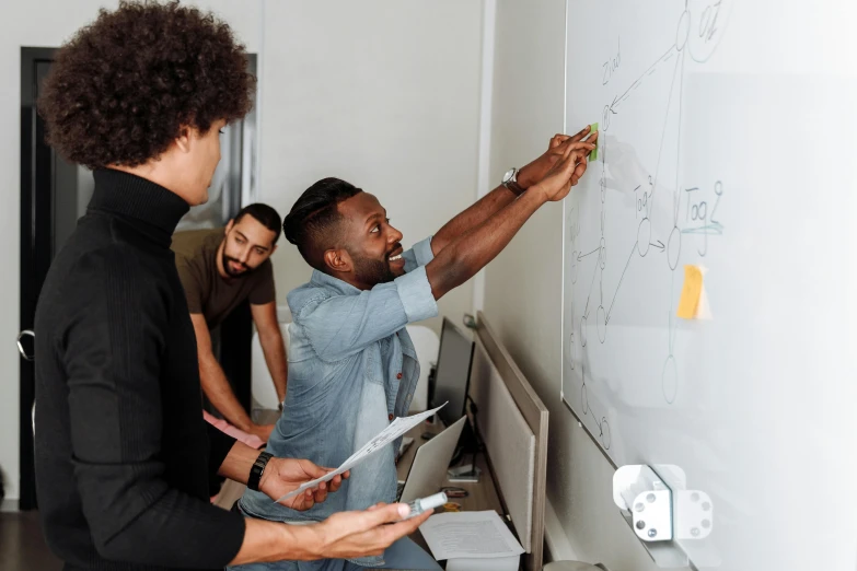 a group of men standing in front of a whiteboard, pexels contest winner, tapping in to something greater, 💣 💥💣 💥, instagram picture, programming