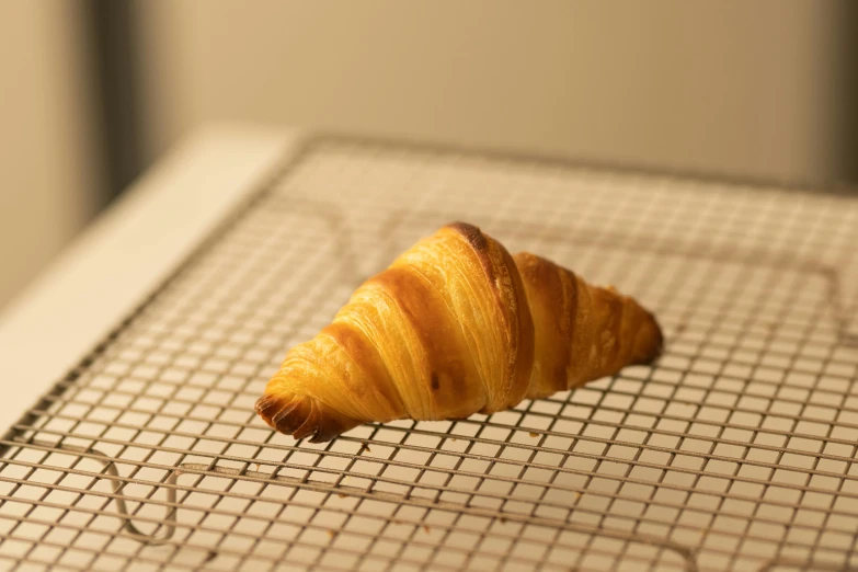 a croissant sitting on top of a cooling rack, inspired by Charles Le Roux, unsplash, 4k photorealistic, momoshiki ōtsutsuki, oven, side - view