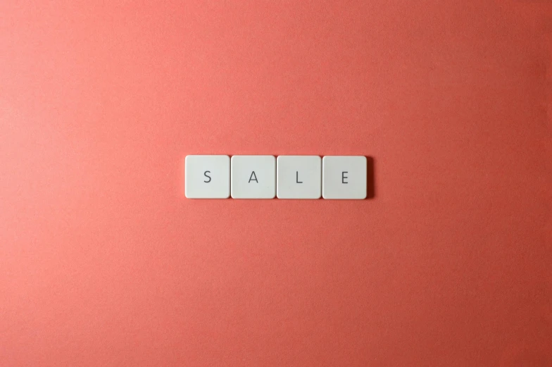 the word sale spelled in white tiles on a pink background, trending on unsplash, magic realism, square enix, electronic ads, tan, 3 - piece