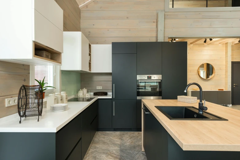 the kitchen is clean and ready for us to use, a portrait, inspired by Edwin Georgi, unsplash, anthracite, wooden houses, high quality photo, dynamic angled shot