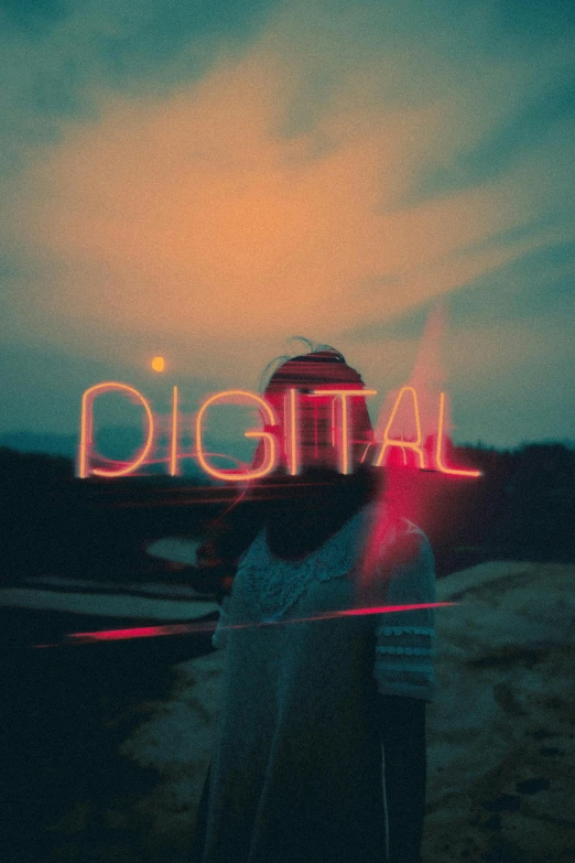 a woman standing in front of a neon sign that says digital, digital art, unsplash, digital art, digital forest, grainy photo, dj, indie