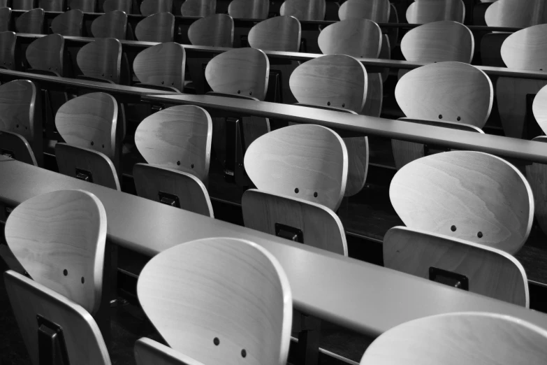 a black and white photo of rows of chairs, academic art, nerds, conor walton, uploaded, colorless