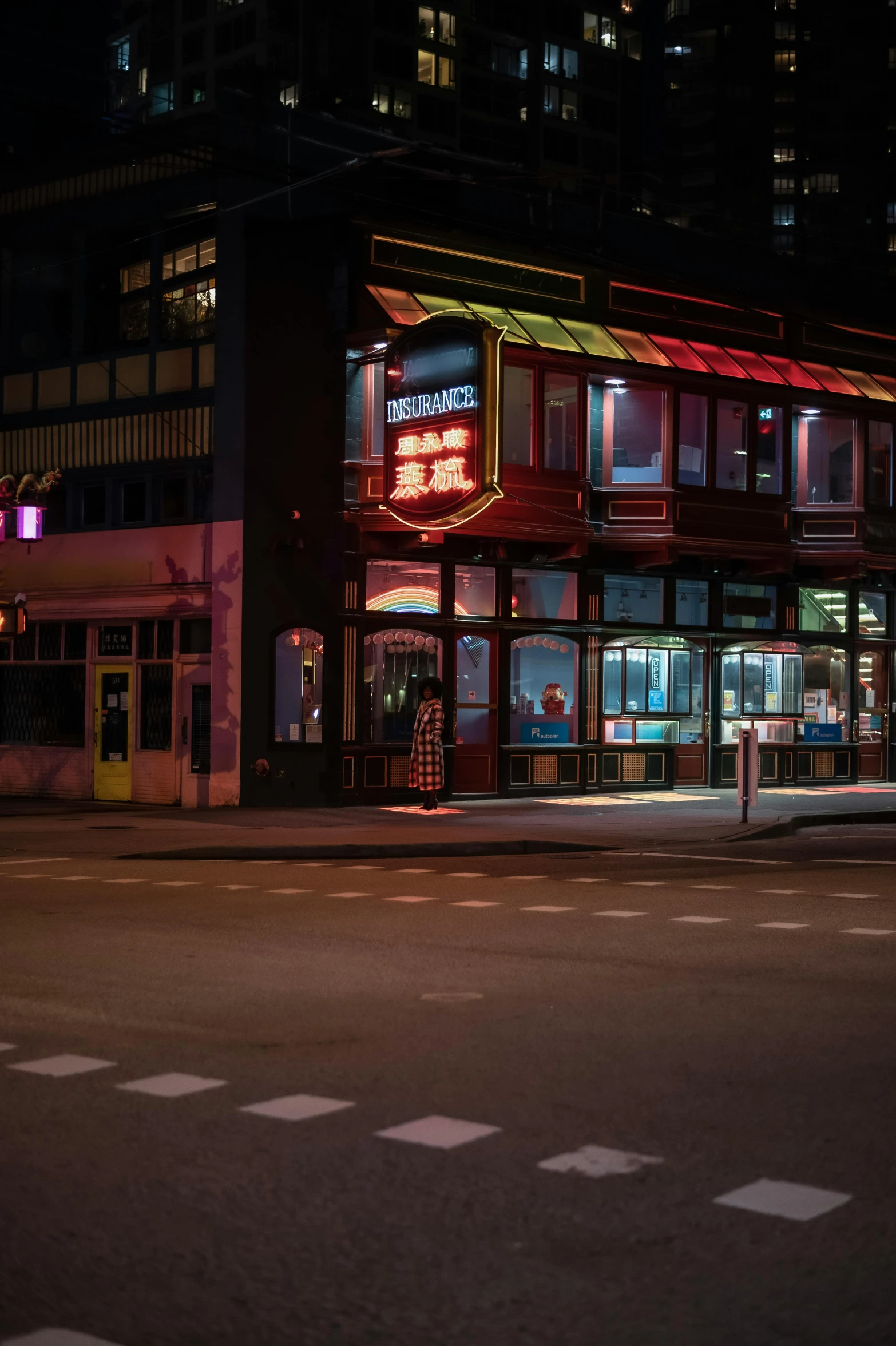 an empty street in a city at night, by Jan Tengnagel, unsplash, photorealism, dive bar with a karaoke machine, red and yellow light, restaurant exterior photography, beautiful daylight