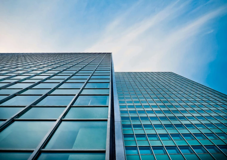 a tall building with a blue sky in the background, pexels contest winner, minimalism, large green glass windows, two towers, hyperdetailed, thumbnail