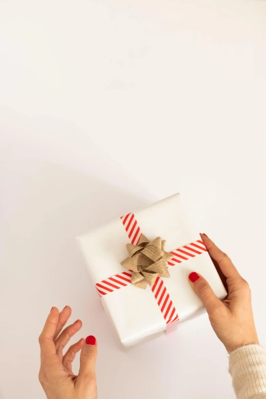 a woman's hands holding a wrapped present on a white surface, pexels contest winner, minimalism, white red, ilustration, gif, small