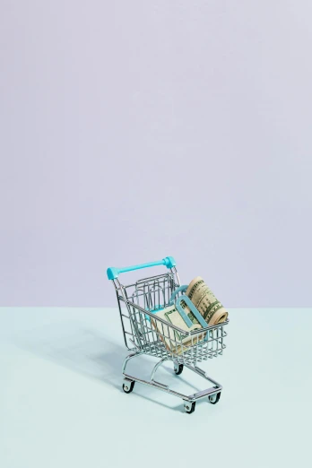 a miniature shopping cart with money in it, an album cover, pexels, arte povera, pastel colored, 15081959 21121991 01012000 4k, clemens ascher, small