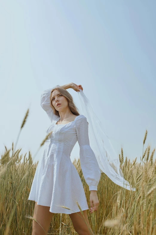 a woman in a white dress standing in a field, an album cover, inspired by Elsa Bleda, renaissance, official store photo, pale hair, white sleeves, white dress!! of silver hair
