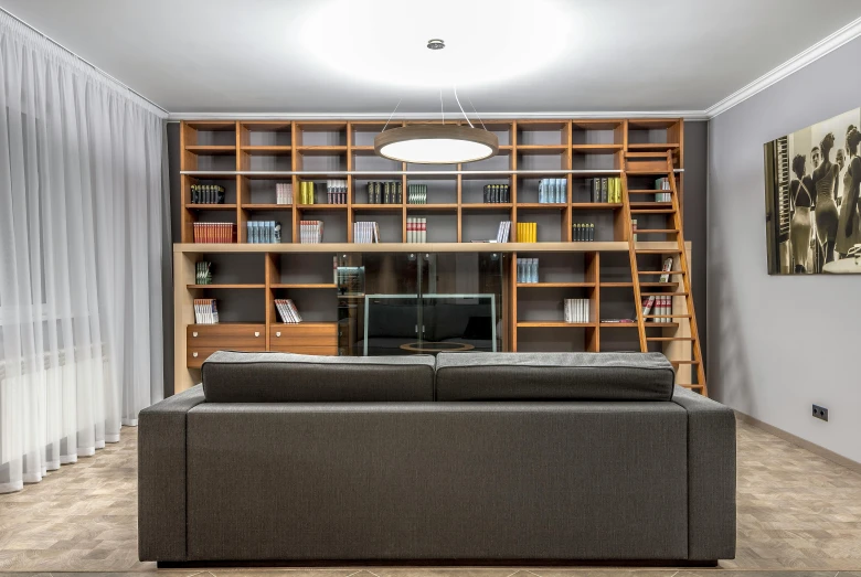 a living room filled with furniture and a book shelf, by Adam Marczyński, pexels contest winner, light and space, neo kyiv, clean 4 k, mezzanine, фото девушка курит