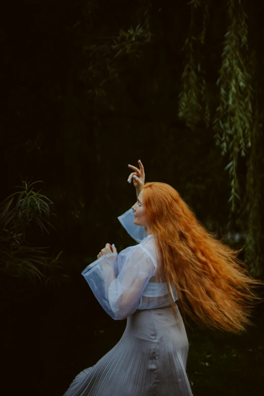 a woman with long red hair in a white dress, an album cover, inspired by Edward Robert Hughes, pexels contest winner, waving robe movement, high quality photo, outdoor photo, a friendly wisp