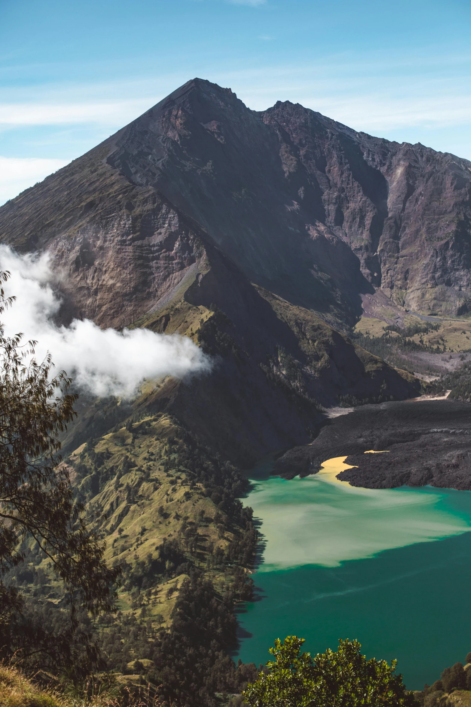 a view of a lake with a mountain in the background, sumatraism, looking down at a massive crater, sulfur, jump, black volcano afar