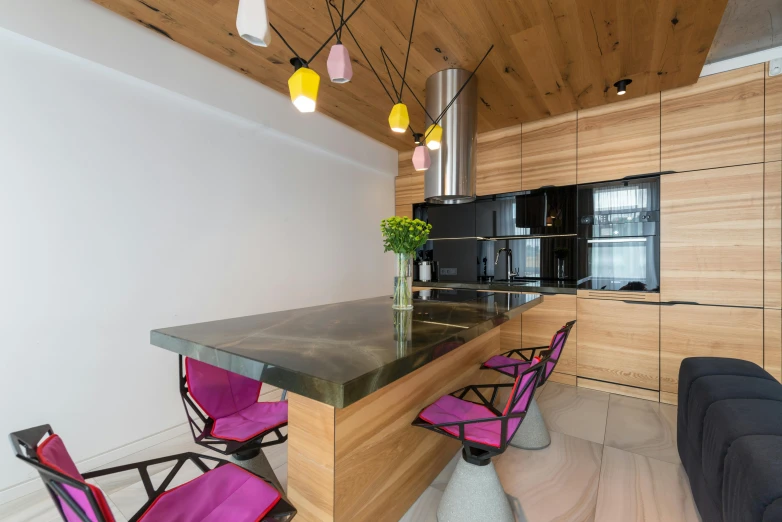 the kitchen is clean and ready for us to use, unsplash, light and space, neon pink and black color scheme, wood furnishings, origami studio 3 design, stone table