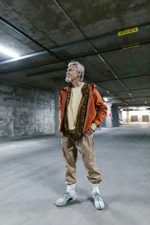 a man standing in an empty parking garage, inspired by Karl Gerstner, unsplash, hyperrealism, silver hair and beard, brown clothes, die antwoord style wear, duane hanson