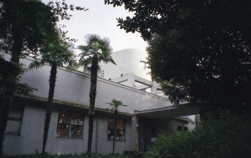 a building with palm trees in front of it, inspired by Yoshio Markino, shin hanga, exterior photo, old library, giorgetto giugiaro, 1990s photograph