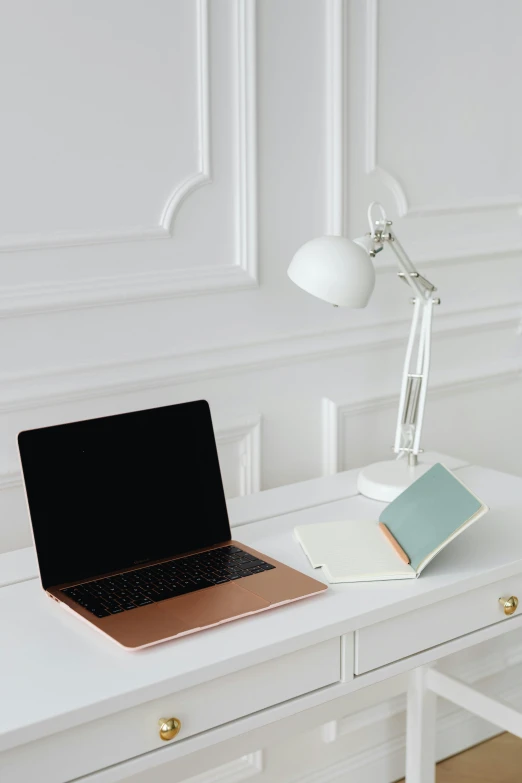 a laptop computer sitting on top of a white desk, by Julian Allen, multiple stories, classical lighting, collection product, product image