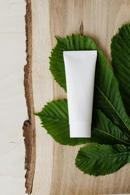 a tube of cream sitting on top of a leaf, a picture, unsplash, renaissance, white wood, high quality product image”