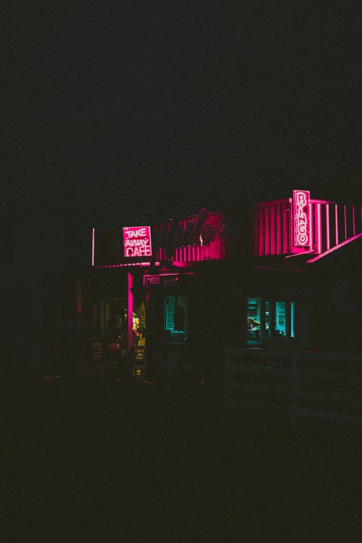 a neon sign on the side of a building, pexels contest winner, dimly-lit cozy tavern, ((pink)), ghost town, instagram post