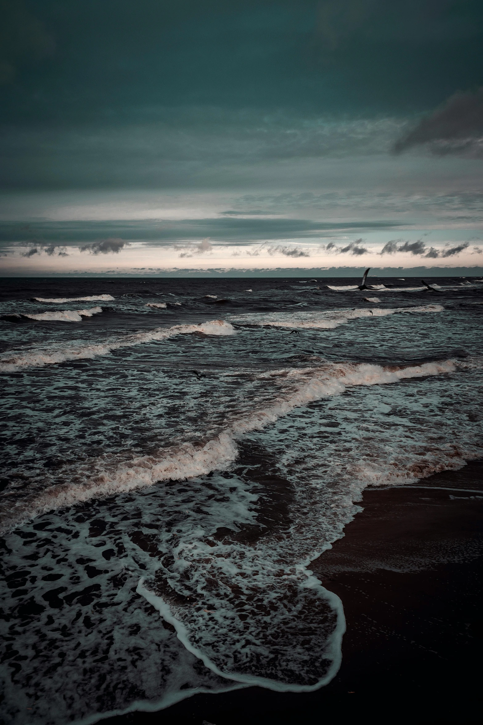 a large body of water sitting on top of a sandy beach, inspired by Elsa Bleda, baroque, stormy seas, dark, dusk, unsplash photography