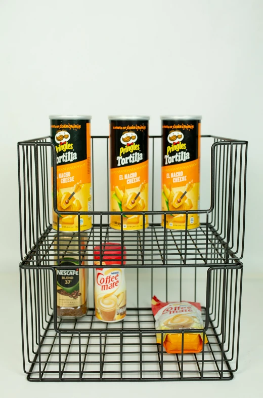 a wire rack holding three cans of food, crisps, detailed product image, flash fill, large and tall