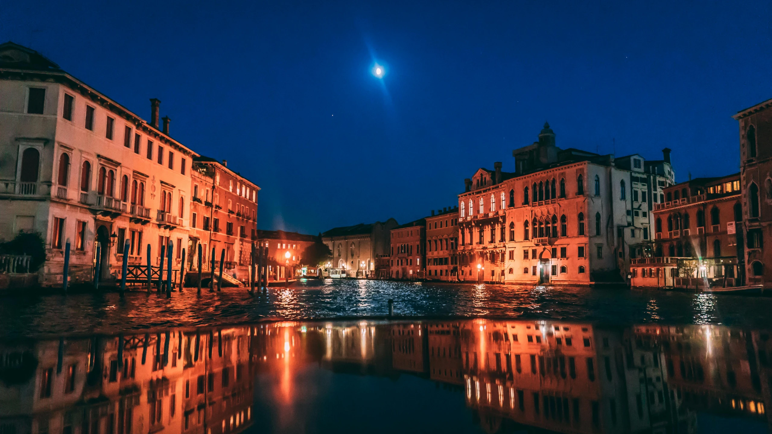 a canal at night with a full moon in the sky, an album cover, pexels contest winner, renaissance, payne's grey and venetian red, square, tourist photo, lagoon