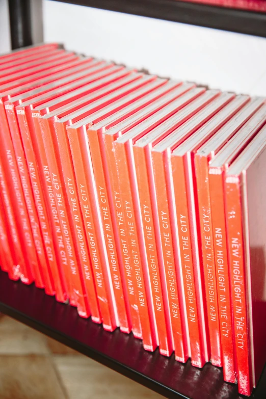 a bunch of books that are on a shelf, by Lee Loughridge, academic art, bright red, dvd, candid photograph, bespoke