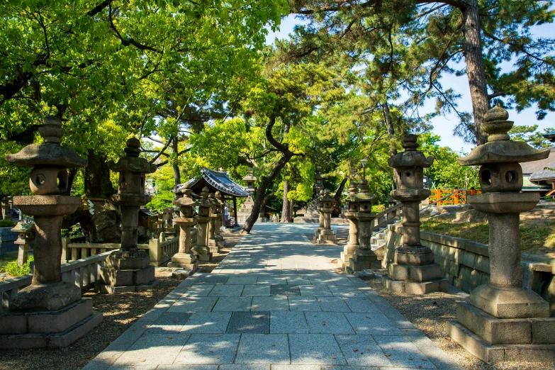 a walkway lined with stone lanterns and trees, unsplash, shin hanga, parce sepulto, sunny day time, a quaint, a wooden